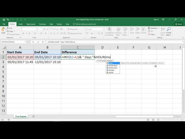 Excel Formula for Time Elapsed in Days, Hours and Minutes