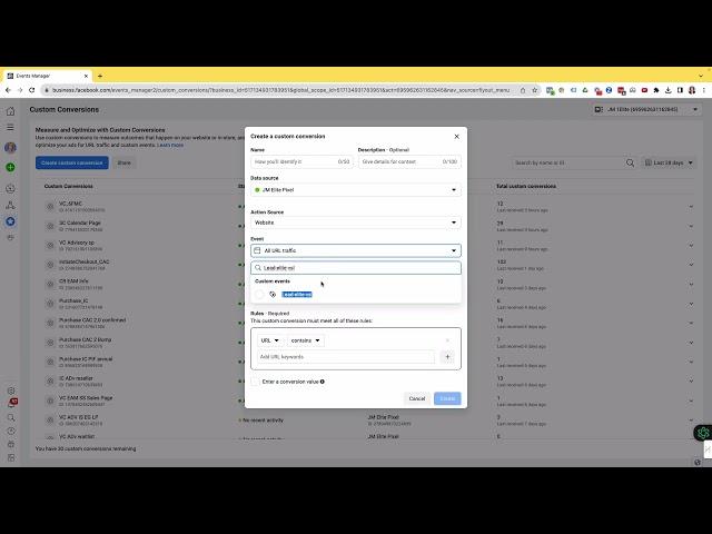 How to create a Custom Conversion from a Custom Event in Facebook Events Manager.