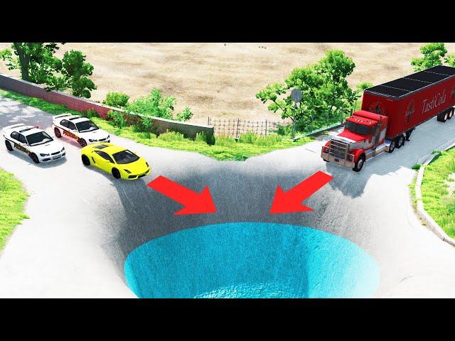 Cars vs Huge Pit at Crossroads - Water Potholes #9 | BeamNG Drive | Car Busters