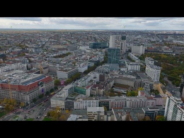 Forwards fly above modern residential urban borough. Panoramic view of metropolis. Charlottenburg