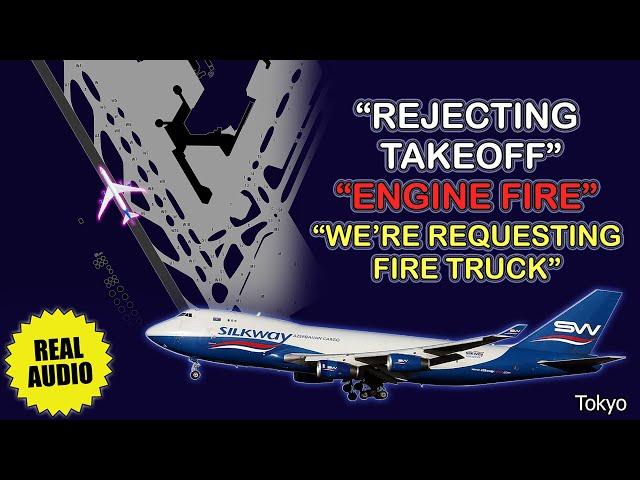 Rejected takeoff due to engine fire. Silk West Boeing 747-400 rejects takeoff at 140 knots. Real ATC