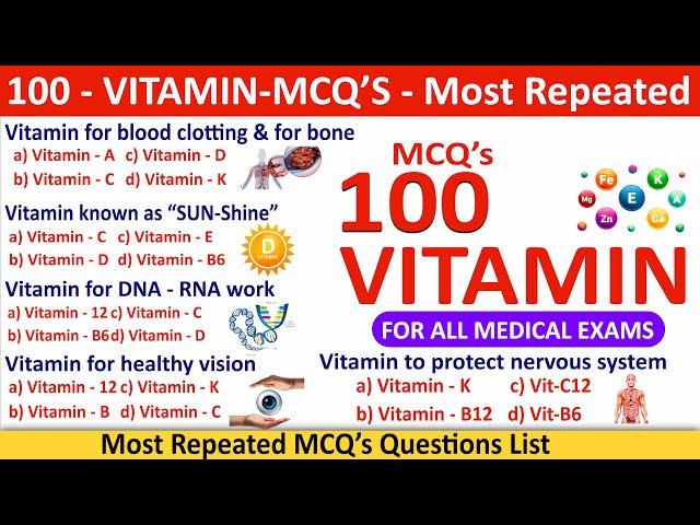 100 mcqs on vitamins | mcqs on vitamins in english | important mcq of vitamins | vitamin mcq video