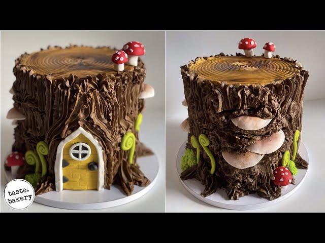 TREE STUMP CAKE Tutorial (Buttercream) | MUSHROOM CAKE | WOODLAND CAKE | FAIRY CAKE Decorating Ideas