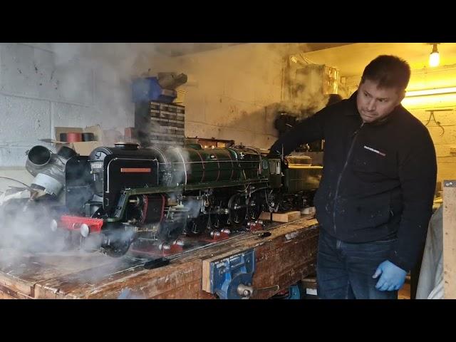 First Live Steam test of my 5 inch gauge 9F locomotive on the rolling road in the workshop