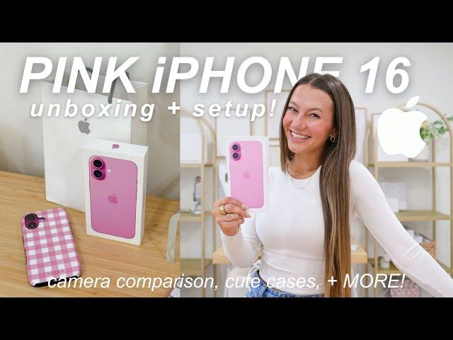 iPHONE 16 UNBOXING, CUSTOMIZATION, + SETUP! (pink! camera test, accessories, + more!) 🩷