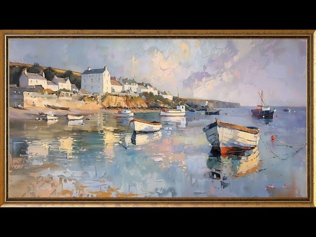 Calming TV Art | Boats in a Bay Art for Your TV | High-End Living Room Art | Frame TV Paintings