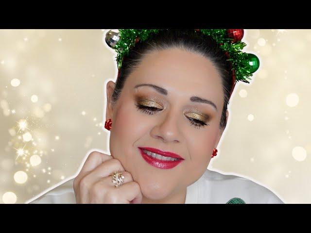 Classic Christmas GlamGold Makeup with Bold Red Lips!