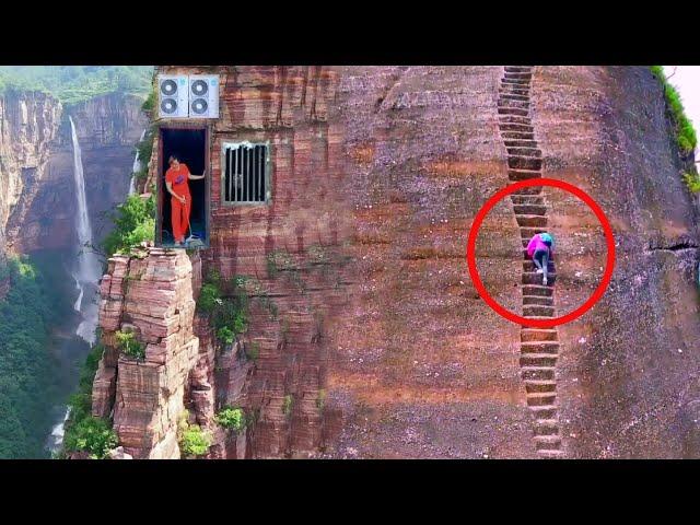 The most incredible way for cliff villagers to return home | Rural life on a cliff in China