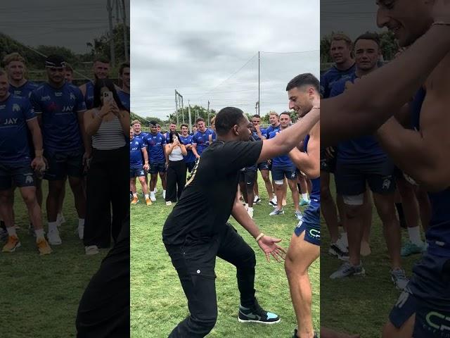 UFC world champion Jon Jones teaches fighting moves to Canterbury Bulldogs