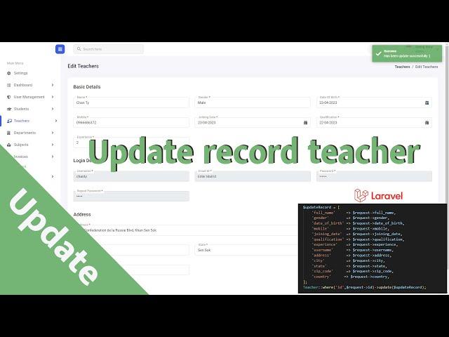 Update record teacher to databases laravel