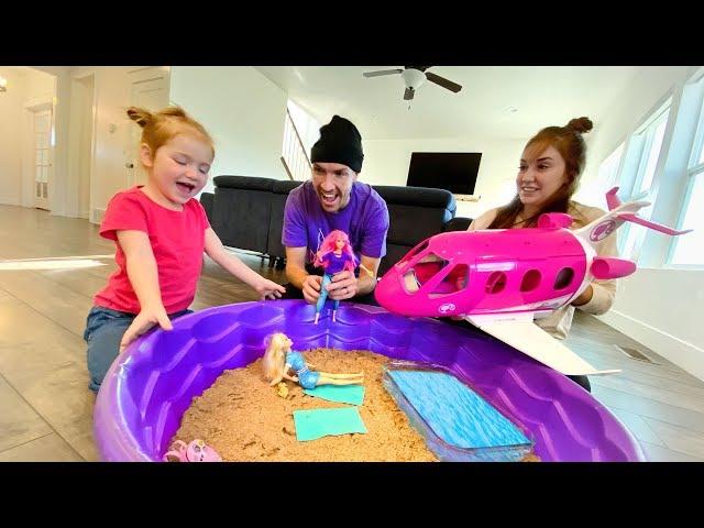 BARBIE BEACH inside our HOUSE!! Dream Plane pretend vacation with swimming pool and pet dogs!