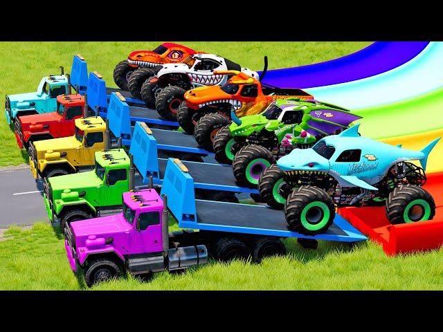 Monster Trucks Transport with 5 Car Rescue and Color Slide - BeamNG.drive