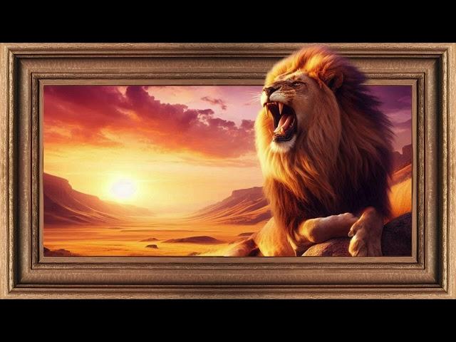 Lion roaring at sunset Art on Your TV: 2-Hour Classic Vintage Artwork as Screensaver & Wallpaper