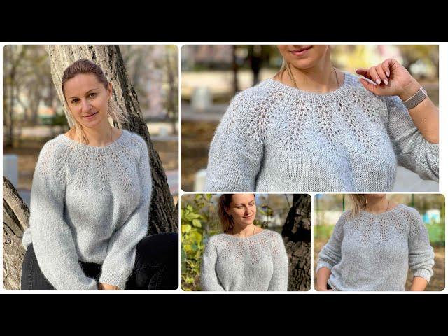 chic openwork knitted jumper with a round yoke. Knitting pattern. Knitted jumper.