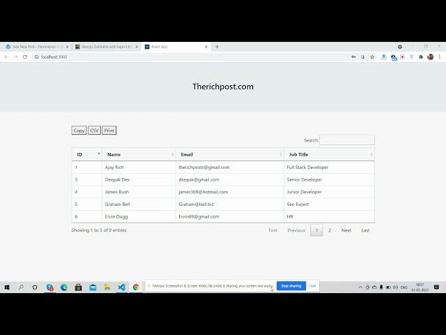 Reactjs Data Table With Export Buttons(CSV PRINT & COPY) with Dynamic Data