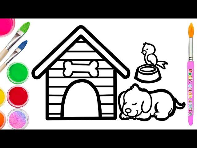 Drawing and Coloring a Dog House and Bird | Easy Drawing