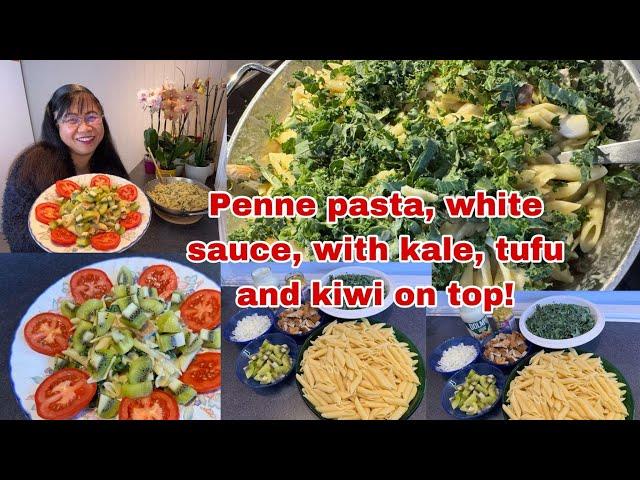 How to make my own version of penne pasta, white sauce with kale and tufu with kiwi on top?