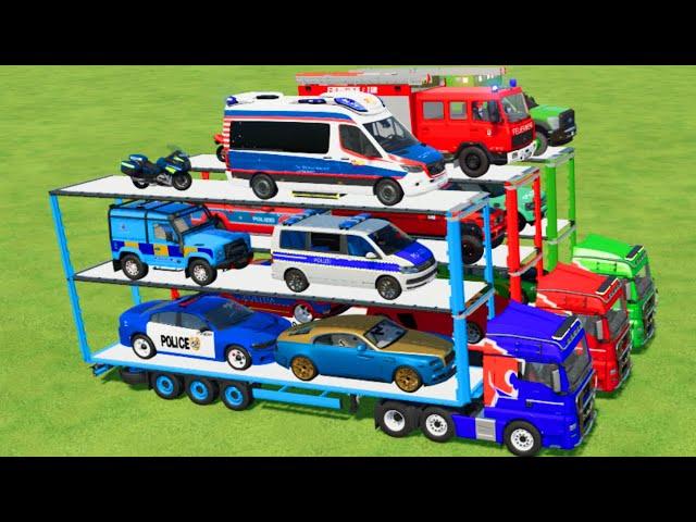 TRANSPORTING CARS, AMBULANCE, POLICE CARS, FIRE TRUCK OF COLORS! WITH TRUCKS! - FS 22