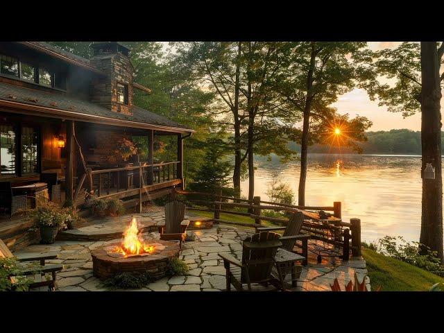 Campfire in Cozy Summer Ambient with Birdsongs | Relaxing Lakeside for Focus, Study