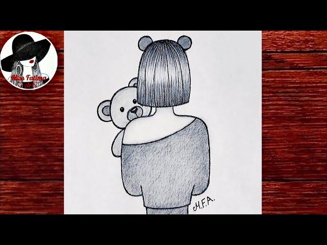 How to draw a girl with teddy bear | New drawing 2022 | Easy girl backside drawing