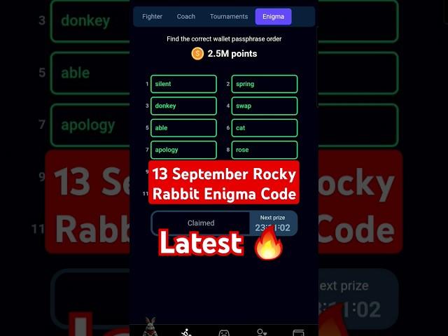 13 September Rocky Rabbit Enigma Code latest 2.5 M coin Today correct passphrase wallet hamster #54