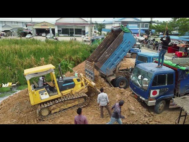 Incredible!! Dump Trucks Loading Flying Bike Helping By D31PX KOMATSU Dozer Skill Operator Pushing.