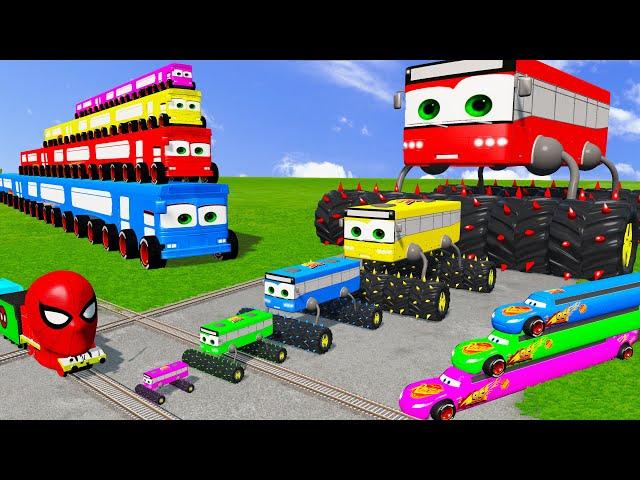 Big & Small Lightning Mcqueen Bus vs 5 Monster Trucks Rescue - Cars vs Slide Color vs Train - BeamNG