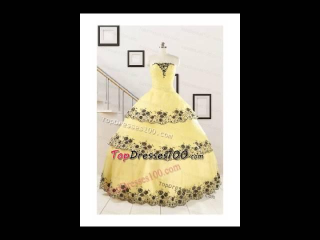 2015 light yellow ball gown quinceanera dresses with appliques and ruffle layers