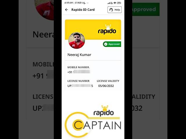 Rapido Captain Id Card || Rapido Captain Viral Status #shorts #viral #rapido