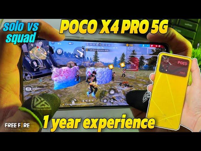 Poco x4 pro 5g phone 1 year gaming test experience free fire handcam gameplay solo vs squad gamturbo