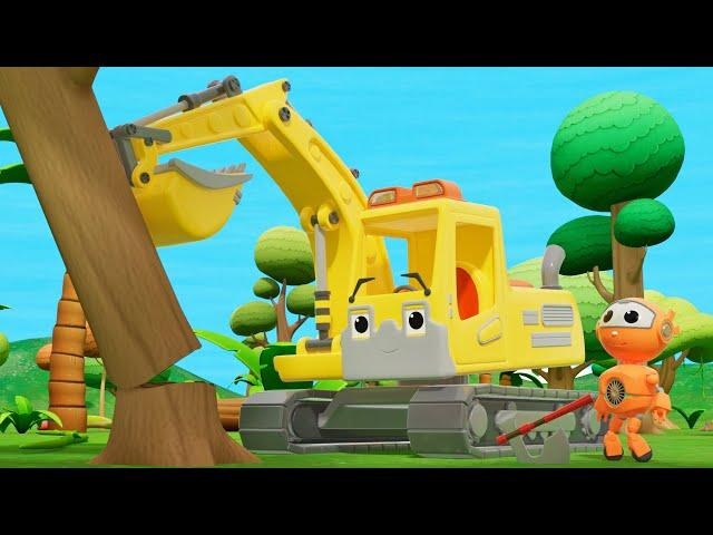 Tenny is cutting down trees, and the excavator is helping to push them down