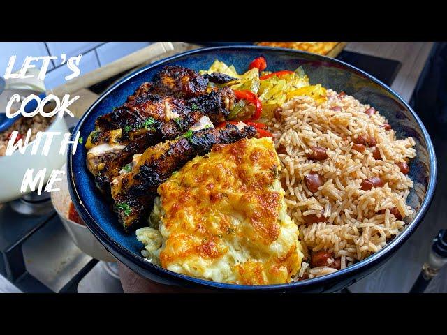 Let’s Cook With Me | Oven Jerk Chicken with gravy, Mac and cheese, steamed veg and rice & peas