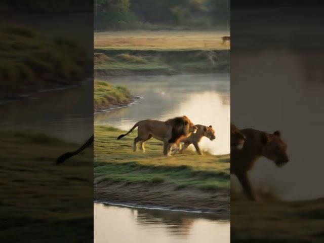 The Lions hunting a crocodile, and the crocodile running faster from the lions #movies #wildlife