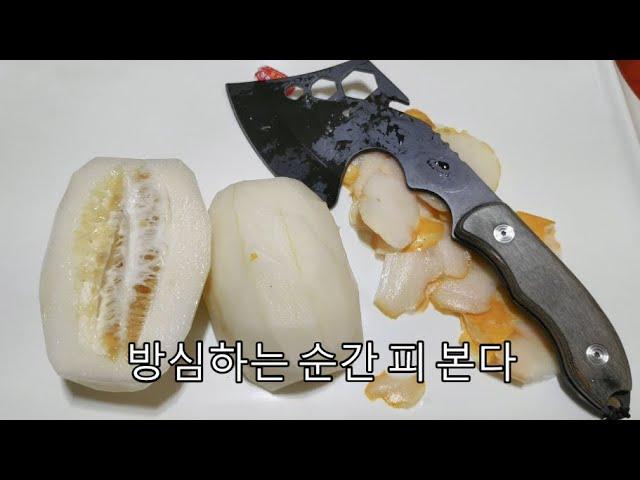 손도끼로 참외 깍아 먹기(손 베일까봐 조심 또조심)/ To cut Korean melon with an axe/ 斧でマクワウリを割って食べる. /