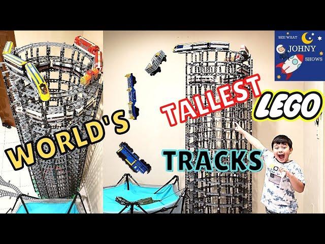 Johny Shows World's TALLEST Lego Train Track Tower Train Layout Crashing Trains