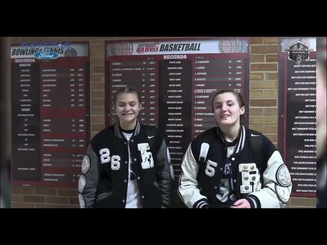 Rootstown Rovers Colbie Curall, Nadia Lough & Coach Joe Leonard after their 52-40 win at Crestwood