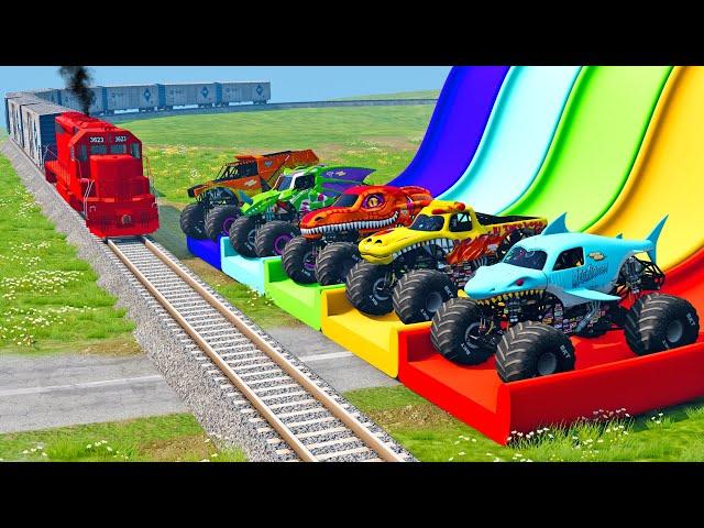 Transport Monster Trucks Car Rescue Train Track with Long Trailer and Slide Color - BeamNG.drive