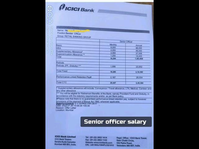 Senior officer salary / offer letter / icici bank 