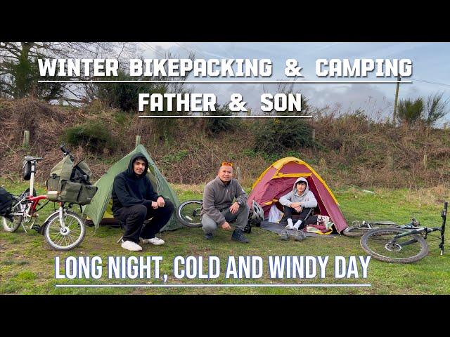 A father and son on their first-ever Brompton bikepacking adventure at Sherwood Pine in England.