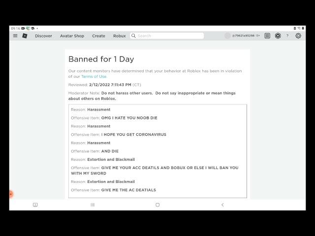 My account got banned from roblox for 1 day!