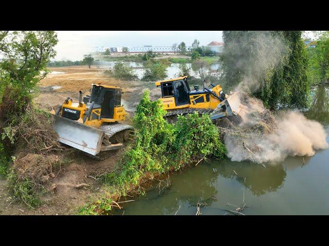 Bulldozer SHANTUI Clearing Land And Fores Tree With DumpTruck TRAGO DONGFENG HYUNDAI 25TON Unloading