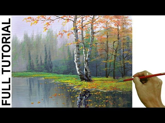 Acrylic Landscape Painting TUTORIAL /  Birch Tree in Misty Forest / JMLisondra