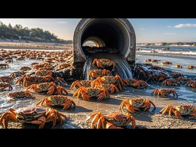 A Large Number Of Crabs Stranded On The Beach, Including Bread Crabs Bigger Than Their Faces