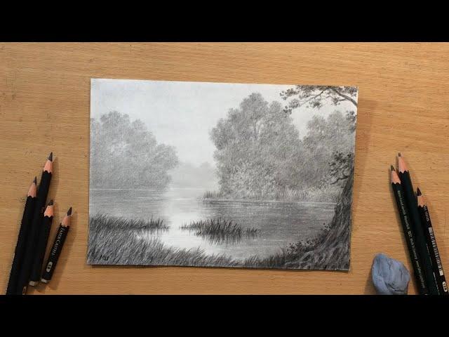 Fog on the River - Landscape in Graphite Pencil