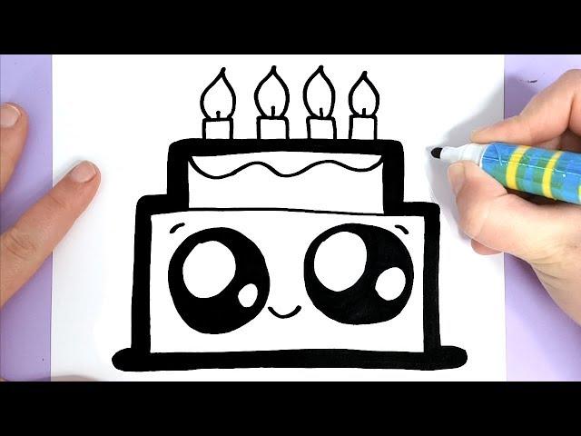 HOW TO DRAW A CUTE BIRTHDAY CAKE EASY - HAPPY DRAWINGS