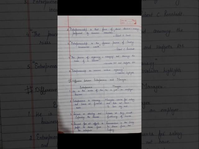 Differ b/w entrepreneur & manager #bcom #handwrittennotes #pup #youtube #study #shorts #like #fyp