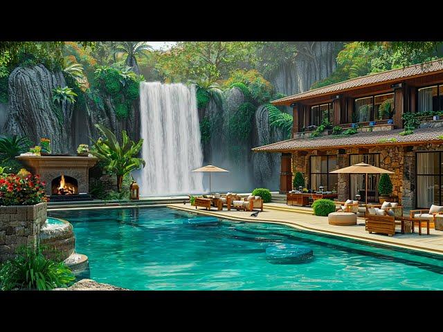 Luxurious House with Swimming Pool Ambience - Waterfall and Birds Sounds for Relaxation and Sleep