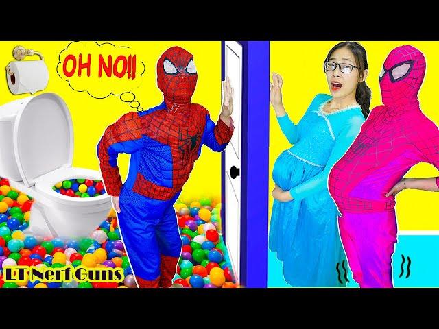 Superhero War Movie Funny Spiderman, Frozen Elsa, Joker vs Pink Spidergirl POO COLORED BALL Prank