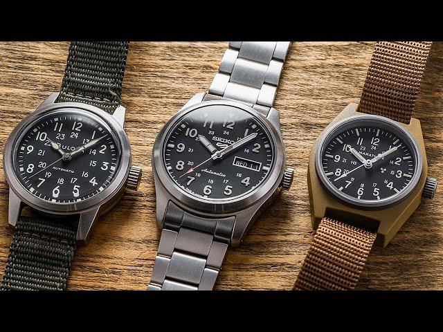 Entry-Level Field Watches Comparison - Bulova VWI Hack, Seiko SRPG27, & Marathon GPM