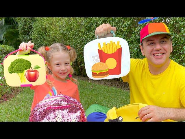 Nastya and papa go to a picnic to eat lunch